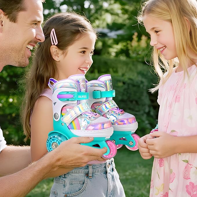 SULIFEEL Rainbow Unicorn 4 Size Adjustable Light up Roller Skates for Girls Boys for Kids