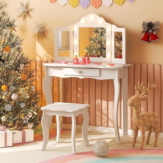 AKUSTIK Kids Vanity with Lights, 2 in 1 Wooden Dressing Table and Chair Set with Tri-Folding Mirror, Stool, Storage Drawer, Toddlers Pretend Princess Beauty Playset Toy Gift for Little Girls