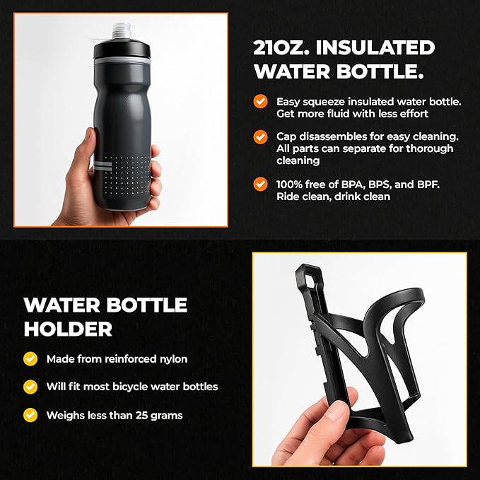 Insulated Bike Water Bottle with Bottle Holder, No Screws, Mountain Bicycle Accessories, for Sport Outdoor Cycling, MTB Road, Universal Cup Holder, Durable, Kids, Adults (Black)
