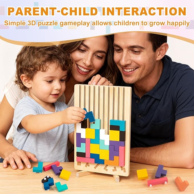 Wooden Montessori Russian Blocks Puzzle – 3D Stacking Toy for 3-6 Year Olds Toddlers Educational Gift & Brain Teaser for Critical Thinking Montessori Brain Blocks for Boys & Girls (Classic)