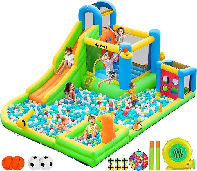 FBSPORT Inflatable Bounce House, 9 in 1 Water Slide with Blower, Bouncy House for Kids Indoor Outdoor Wet Dry Combo Water Bounce House with Football Shooting, Water Gun, Splash Pool, Bounce Area, Hose