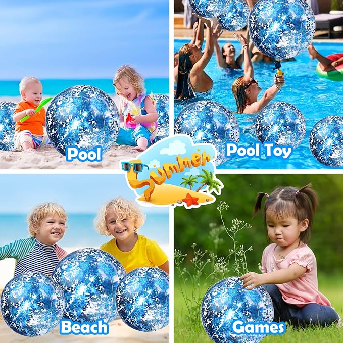 Chivao 18 Pcs Sequins Beach Ball 24 Inch 16 Inch Clear Inflatable Glitter Summer Swimming Pool Balls Wedding Outdoor Floatable Decor Confetti Decor for Beach Party(Blue)