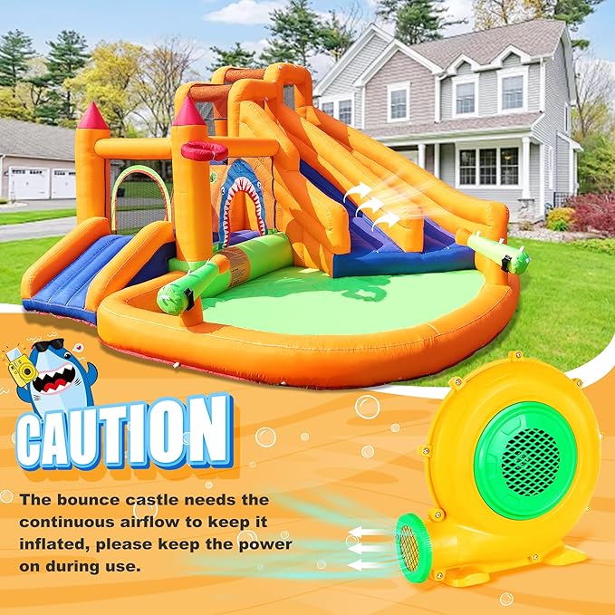 Inflatable Bounce House, Triple Water Slide for Kids with Double Cannon, Climbing Wall, Jumping, Splash Pool, Basketball Hoop for Outdoor Backyard Party, 10 in 1 Giant Castle Included 550W Air Blower
