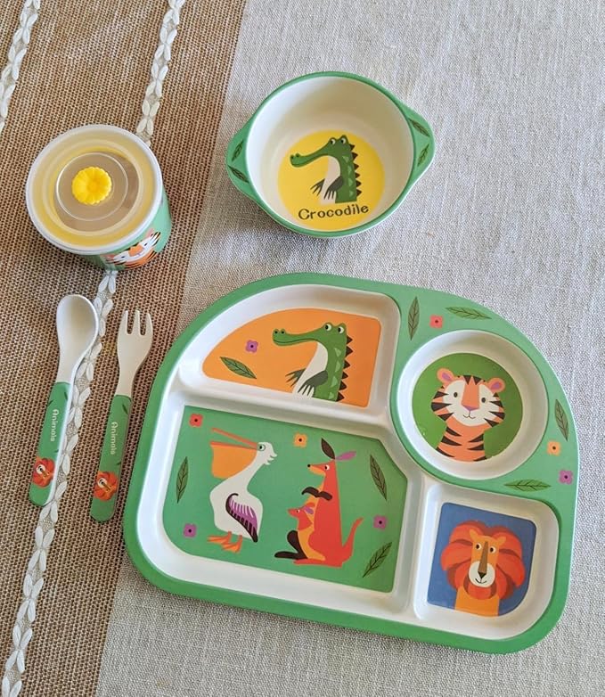 shopwithgreen 7Pcs/Set Bamboo Kids Dinnerware Set - Children Dishes - Food Plate Bowl Cup Spoon Fork Set Dishware, Cartoon Tableware, Dishwasher Safe Kids Healthy Mealtime, BPA Free