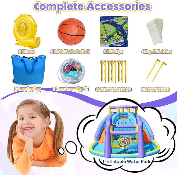 8 in 1 Inflatable Water Slide Bouncy House with Double Slides Water Park with Splash Pool,Climbing Wall,Target Game for Outdoor Backyard Aged 3-10 Kids with 520W Blower 174 x 165 x 90 Inches