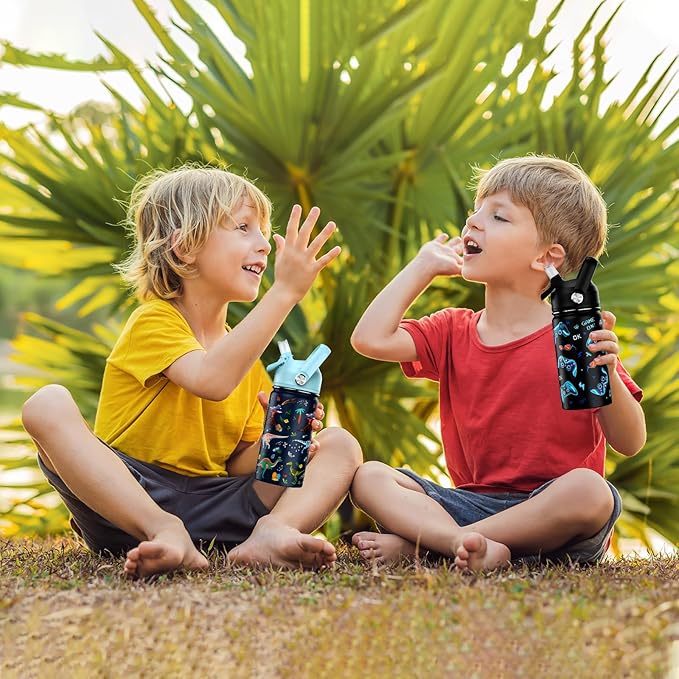 14oz Kids Insulated Water Bottle with Straw Lid - 18/8 Stainless Steel Kid Cup Travel Tumbler Double Wall Vacuum Leak Proof Portable Toddler Water Bottle (Game + Dinosaur)