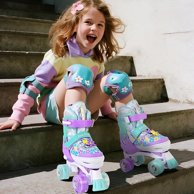 SULIFEEL Rainbow Unicorn 4 Size Adjustable Light up Roller Skates for Girls Boys for Kids