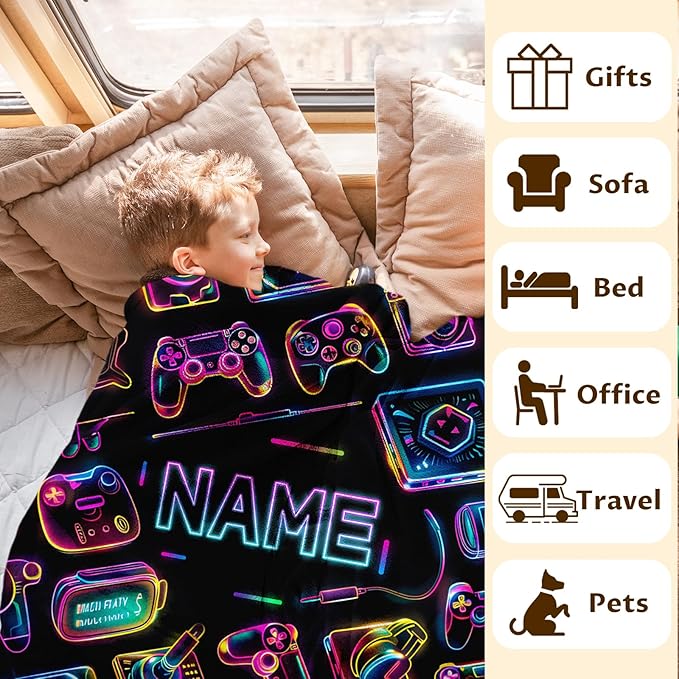 Personalized Blanket for Boys - 60x50 Inches Throw Size Game Blanket for Teens, Adults, Men - Cozy Comfort Video Gamepad Throws for Bed, Couch - Gamer Accessories Gift Ideas for Boys Room Decor