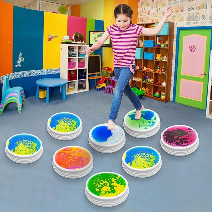 Light Up Liquid Stepping Stones - 1 Round Teal Liquid Stepping Stone, 7 Glow Colors, Indoor Obstacle Training Balancing Stepping Stone Toy for Kids Ages 3 4 5 6 and Up.