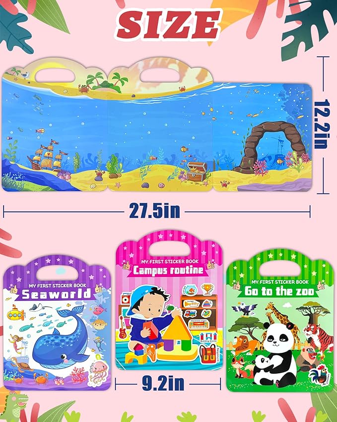 Benresive Reusable Sticker Book for Toddlers 2-4 Years, 3 Sets Travel Stickers for Kids, Waterproof Sticker Books for Toddlers 1-3, Crafts Activities for Todddlers 1-3 2-4 3-5