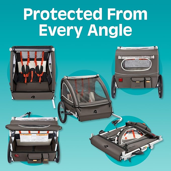 Retrospec Rover Plus Foldable Bike Trailer for Kids, Single/Double Passenger Child Bike Trailer with 5-Point Safety Harness, Reflective, Weather-Resistant Fabric and Safety Flag - Supports 40-80 lbs