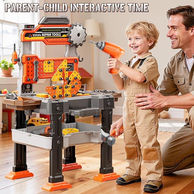 2 in 1 Workbench Toys for Toddlers 3-5, Kids Tool Bench Set with Electric Drill and Realistic Tool, Pretend Play Toolbox, Birthday Gifts for Boys Age 3 4 5 6 7 8 Year Old