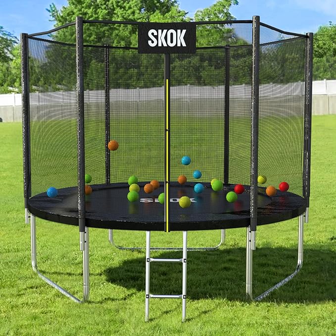 SKOK Trampoline 8FT 10FT 12FT 14FT 15FT Trampolines with Enclosure Net, 400LBS Outdoor Trampolines for Kids with Basketball Hoop-ASTM Approved Trampoline for Children and Adults with Ladder