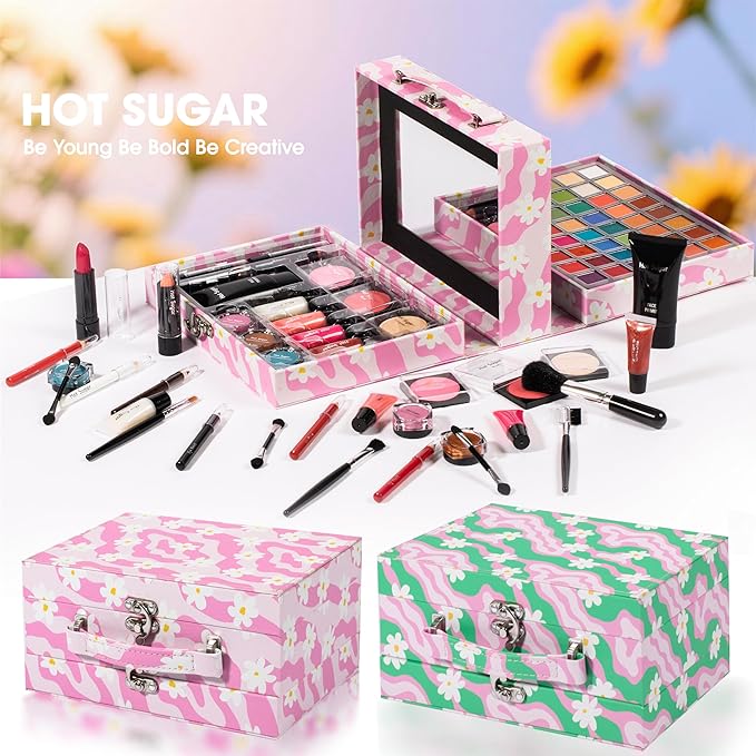 Hot Sugar Makeup Kit for Preteen Girls 10-12, Birthday Christmas Makeup Gift Set for Teens 16-18, All in One Beginner Makeup Kit for Women Full Kit (Floral Pink)