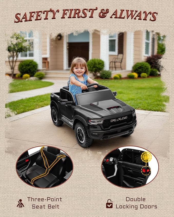 First Ride On 12V Licensed Ram 1500 Ride on Toy for Kids, Toddler Ride on Pickup Truck with Parent Remote Control, Electric Car for Kids with Truck Bed Storage, 3 Point Safety Belt (Black)