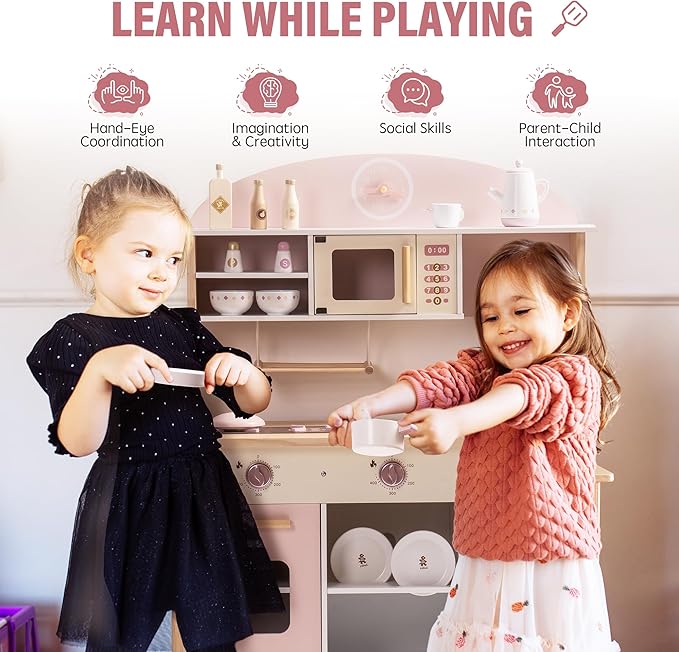 ROBUD Play Kitchen for Kids Toddlers, Wooden Play Kitchen with Realistic Accessories, Toy Kitchen Set with Plenty of Play Features, Modern Style Toy Kitchen for Girls & Boys, Gift for Ages 3+, Pink