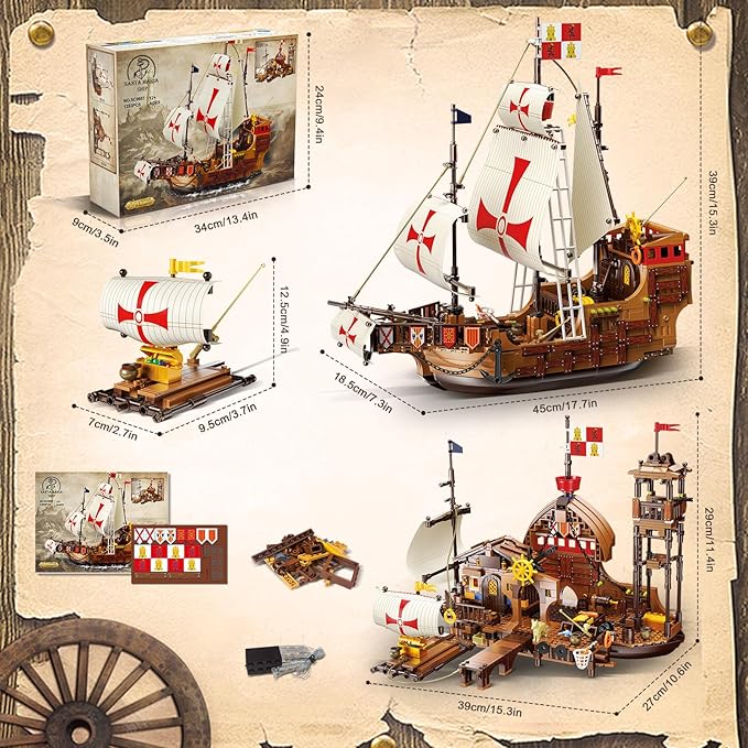 HiWEEGO Santa Maria Ship Building Set with LED Lights, 2 in 1 Pirate Ship House Wharf Building Block Kit, 1253 PCS Adventure Merchant Ship Model Building Toy Gift for Adults Teens Boys Girls Ages 12+