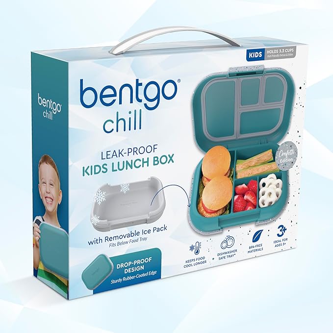 Bentgo Chill Kids Leak-Proof Lunch Box - 4-Compartment Bento Box with Built-In Ice Pack, 3.3 Cup Capacity, PFAS & BPA-Free, Microwave & Dishwasher Safe, Ideal Size for Ages 3 to 7 (Truly Teal)