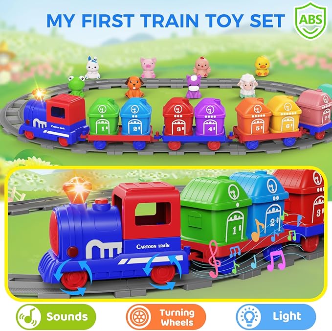 Train Set for Toddlers & Kids Boy -Montessori Counting Matching & Sorting Activity Train Set Learning Toys with Farm Animals, Finger Puppets, Tracks Music, Preschool Toy Birthday Gift for Boy Girl