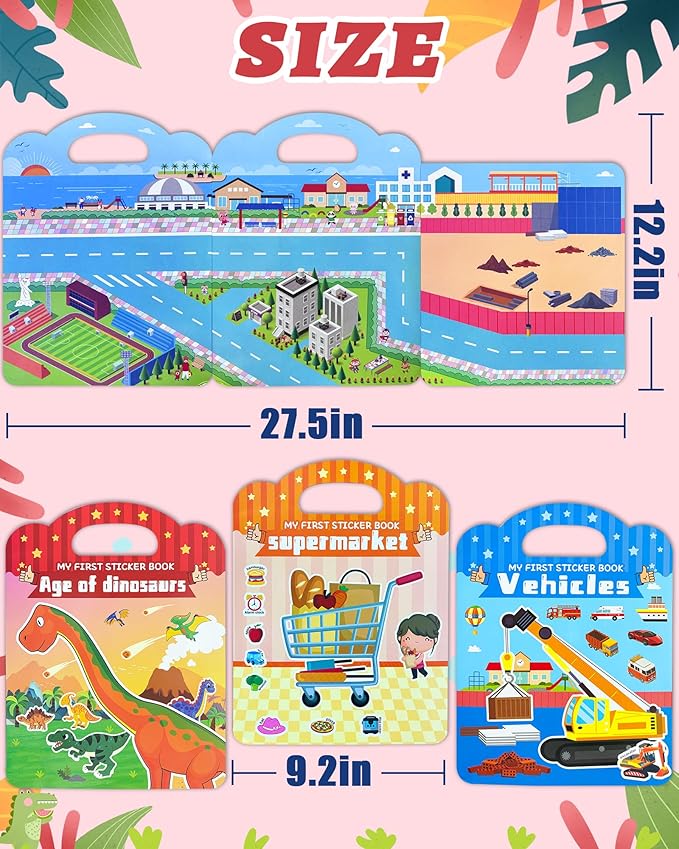 Benresive Reusable Sticker Book for Toddlers 2-4 Years, 3 Sets Travel Stickers for Kids, Waterproof Sticker Books for Toddlers 1-3, Crafts Activities for Todddlers 1-3 2-4 3-5