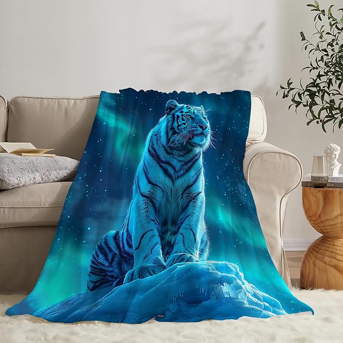 White Tiger Throw - Soft, Warm & Cozy Fleece Blanket for Men, Women, Kids - 60"x50"