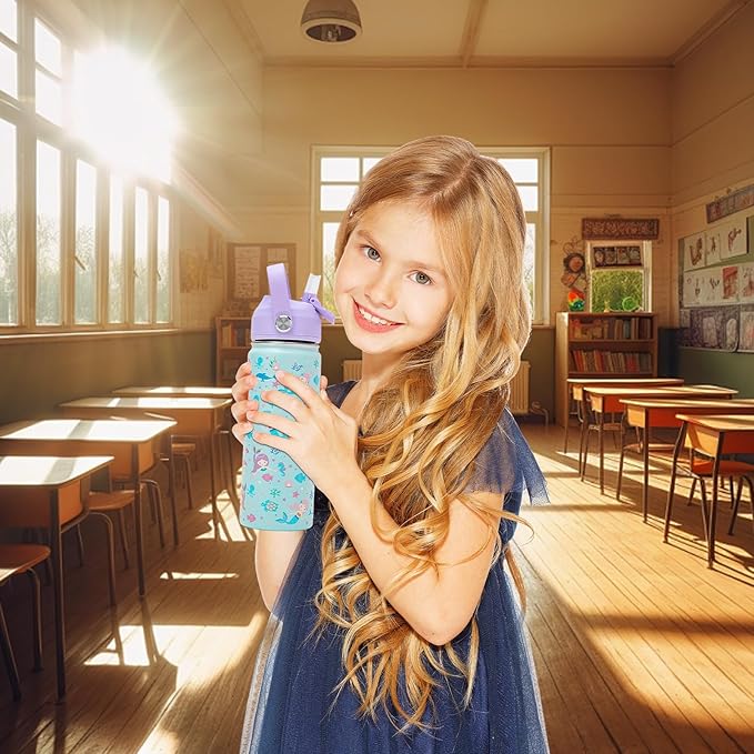 18oz Kids Insulated Water Bottle with Straw Lid - 18/8 Stainless Steel Kid Cup BPA-FREE Tumbler Double Wall Vacuum Leak Proof Portable Toddler Water Bottle for School (Purple Mermaid)