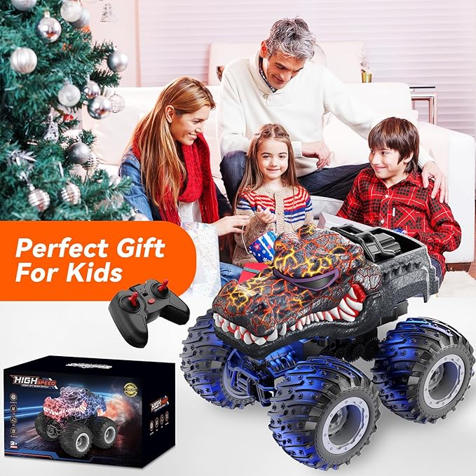 Remote Control Monster Trucks, 2.4GHz All Terrain RC Cars with Light Spray, Birthday Gift for Kids 3 4 5 6 7 8, Toddler Toys for Boys Girls 3+ Year Old