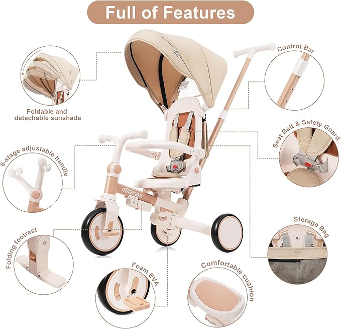 Foldable Toddler 7-in-1 Tricycle, Canopy, and Guardrail Parent Push Handle Ages 1-6 Years