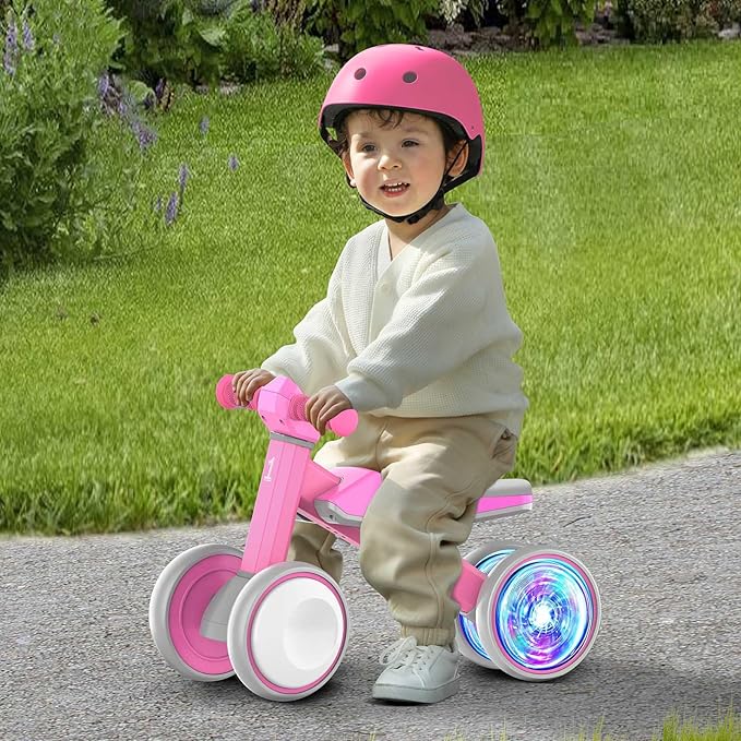 Colorful Lighting Baby Balance Bike Toys for 1 Year Old Girls Gifts, Toddler First Bike 12-24 Months with Adjustable Soft Seat, 4 Silent Wheels Ride on Toy, Perfect First Birthday Gift