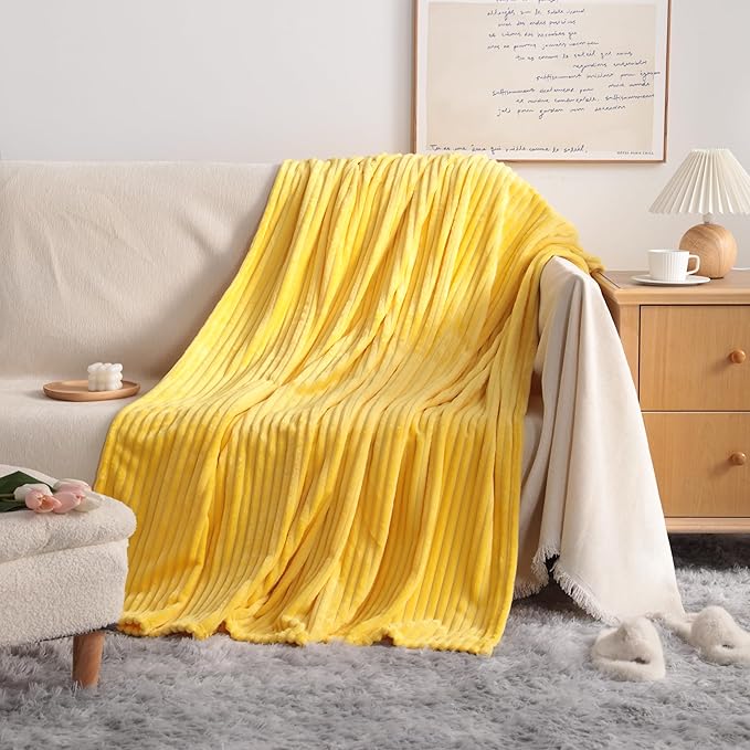 NTBAY Plush Flannel Twin Bed Blanket, 60x80 Inches Soft and Warm Lightweight Bed Blanket with Striped Texture for Couch, Sofa, All Seasons, Yellow