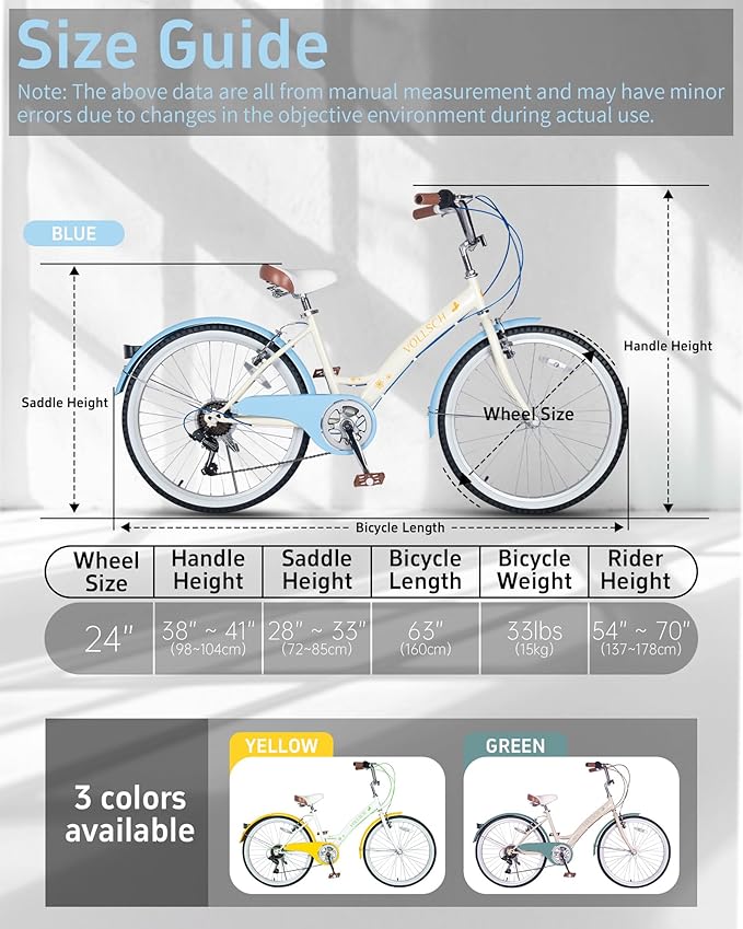 24 Inch 6-Speed Hybrid Beach Cruiser Bike for Girls Youth Ages Over 8 Years Old Kids Bicycle with Dual V-Brakes Adjustable Seat, Multiple Colors