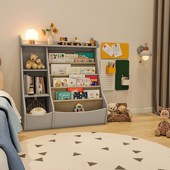 FKWin Montessori Bookshelf and Toy Storage Organizer - 5-Tier Kids Book Shelf for Kids Rooms,Deer Head Montessori Shelf,Grey