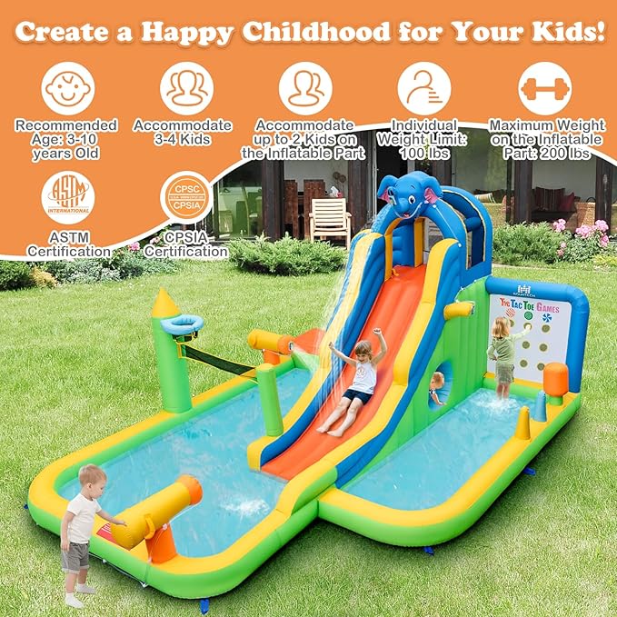 BOUNTECH Inflatable Water Slide, Elephant Surfing Slide Kids Water Park Jump Bouncy Castle w/Blower, 2 Splash Pools, Hide&Seek Cave, Outdoor Water Slides Inflatables for Big Kids Backyard Party Gifts