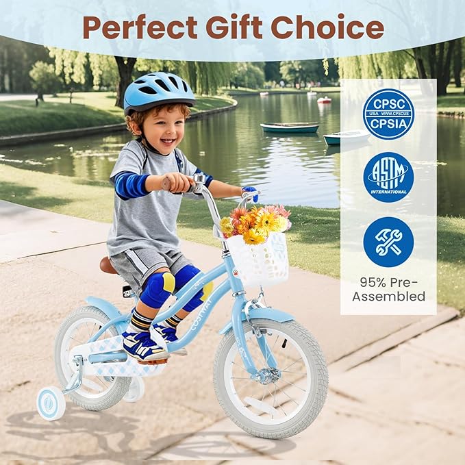 COSTWAY Kids Bike, 12 14 16 18 Inch Toddler Bike Children Bicycle w/Training Wheels, Hand & Coaster Brakes, Adjustable Saddle & Handlebar, Basket, Bell, Kids Bicycle for Girls Boys Aged 3-8 Years Old