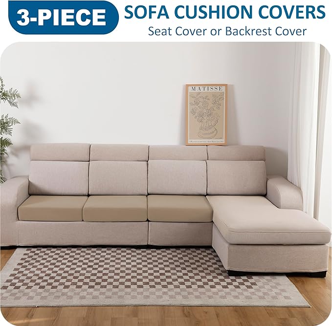 100% Waterproof Couch Cushion Covers, Replacement Sofa Cushion Covers, Stretch Individual Sofa Seat Cushion Slipcovers Furniture Protector for Kids Pets (3-Piece Sofa Cushion Cover, Sand)