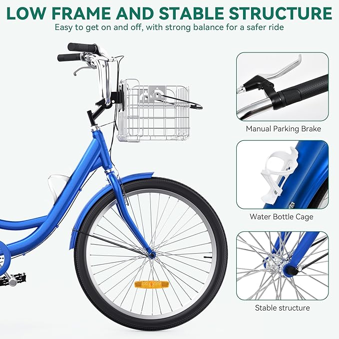 YITAHOME 24 & 26 Inch Adult Tricycle, 1 & 7 Speed 3 Wheel Bikes, Large Seat with Backrest Trike for Adults with Front & Rear Baskets, Cruiser Bike for Seniors Women Men Commute Picnic Outdoor