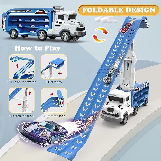 Toddler Car Truck Toys,Car Carrier Trucks Toy for Kids Age 3-5 4-8,Foldable Car Track Sets with 2.8-Ft Race Track and 6 Die-Cast Race Cars, Truck Toys Gifts for 3 4 5 6 7 8+ Year Old Boys Girls(Blue)