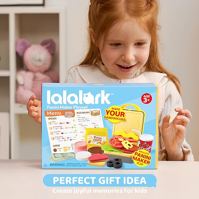 Play Food Toy for 3 4 5 6 Year Old Kids, 35 Pcs Play Kitchen Accessories, Interactive Panini Sandwich Making Toy with Menu and Play Money, Restaurant Pretend and Play Toy for Girls Boys Birthday Gift