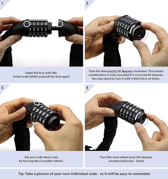 Extra Long Bicycle Combination Lock - 3.8 ft Chain & 0.24” Strong Number Combination Bike Lock - Secure Chain Lock Almost 4 ft - Security 5-Digit Bike Lock Combo for Bicycle & e-Bike