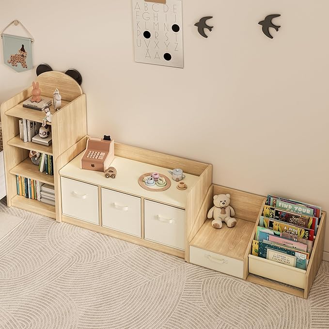 FKWin Kids Bookshelf with Seat - Forward-Facing Book Shelf for Kids Rooms,Nursery Bookcase with 5-Tier Montessori Shelf,Wooden