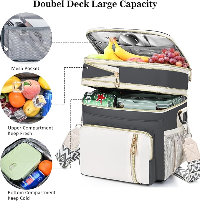 LOKASS Lunch Bag& Lunch Box for Men Women Double Deck,Large Insulated Adult Lunch Box Leakproof Lunchbox Cooler Bag for Work Picnic Beach,(Gray&White)