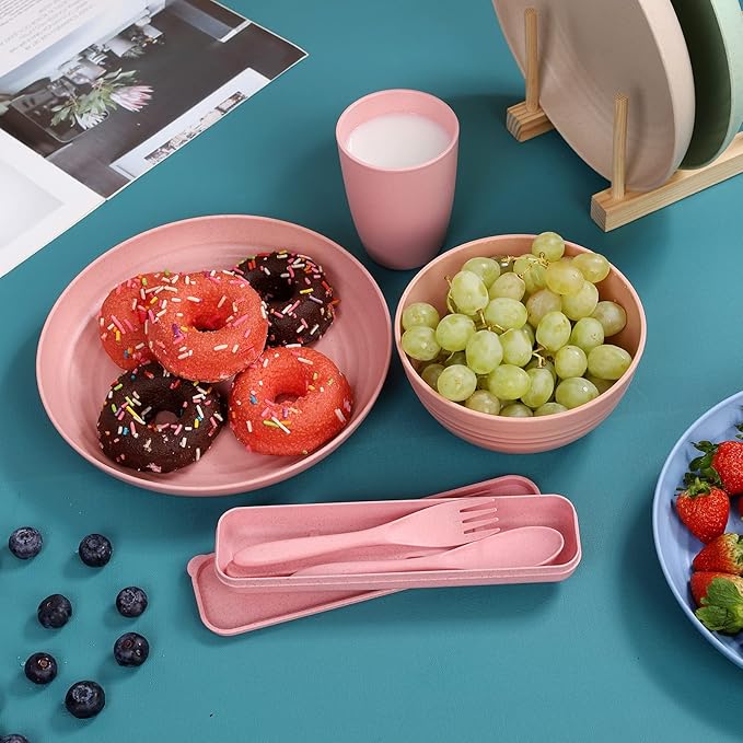 Wheat Straw Dinnerware Sets for 4, Wheat Straw Plates and Bowls Sets Kitchen Dishes 28pcs College Dorm Room Essentials Cutlery Set Microwave Safe (Colorful)