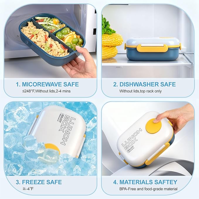 Lunch Bento Box Set - 3 Compartment Containers for Kids and Adults,lunch box for women with Thermo Lunch Bag, Leak-Proof and BPA-Free - Built-in Utensil Set,Sauce - Dishwasher Safe-Blue