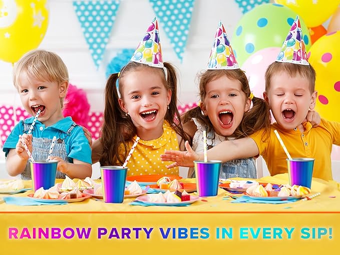 Stainless Steel Kids Cups 8 oz - Stainless Steel Small Children Cups for Home & Outdoor Activities, BPA Free Unbreakable Premium Stackable Metal Drinking Glasses (4-Pack) - Rainbow Colorful Finish