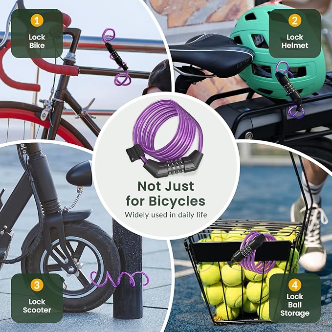 Titanker Bike Lock Cable, 4 Feet Bike Cable Lock Basic Self Coiling Kids Bike Lock Combination with Complimentary Mounting Bracket, 5/16 Inch Diameter (4FT, Purple-8mm)