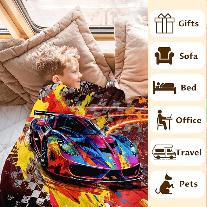 Racing Blanket Kids Blankets for Boys 1-3 Gift for Son Grandson, Cozy 40 x 30 Inches Car Flannel Throws for Bed Living Room Garden Camping