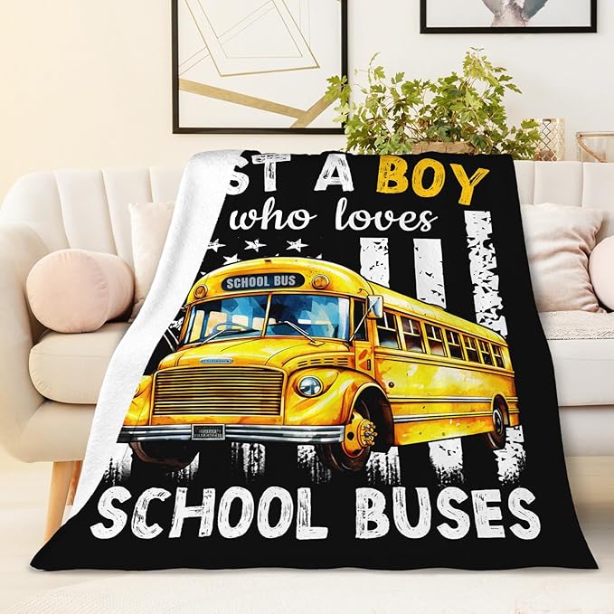 Boys Blanket Gifts, School Bus Throw Blankets for Kids Teens, 40x50 Inches Cute Throws for Truck Lovers - Black Soft Fuzzy Car Blankets for Sofa Couch Bed