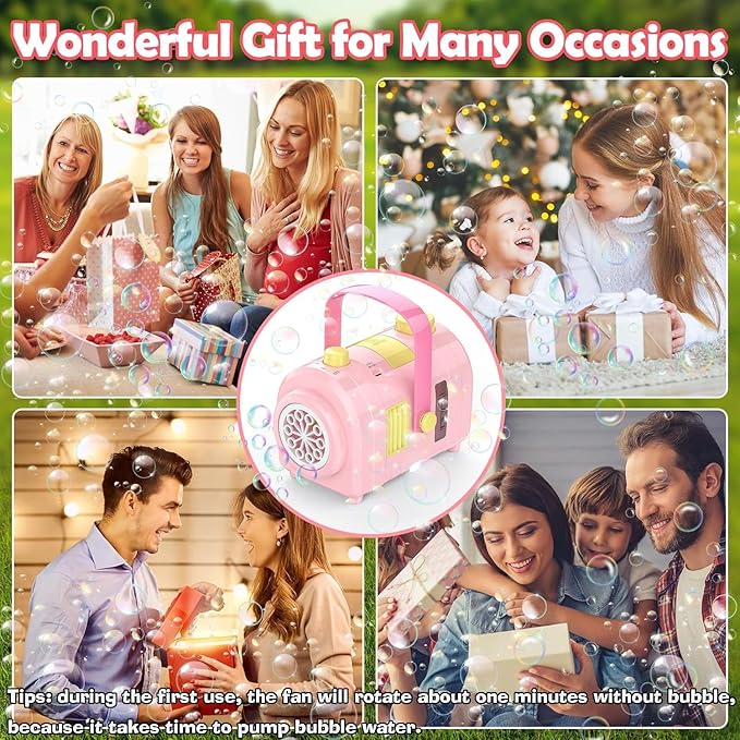Bubble Machine Large Capacity, Automatic Kids Bubble Blower with 10 Holes 2 Speeds 17oz/500ml, Rechargeable Portable Bubble Toy with Tripod for Indoor, Outdoor, Birthday, Parties (Pink)