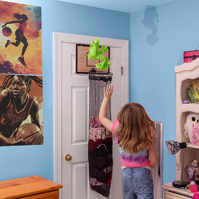 Wooden Basketball Hamper - Hoop Laundry Basket Over the Door - Room Decor