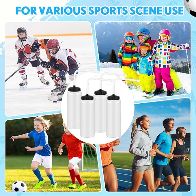 Domensi 4 Pack 1 Liter Sports Water Bottle W/long Straw Hockey Lacrosse Water Bottle with Straw Bpa Free Squeeze Plastic Use Sport Helmet in Football Baseball Gym(Translucent,Classic)